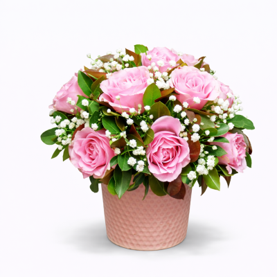 Romantic Arrangement with Pink Roses in Ceramic Pot