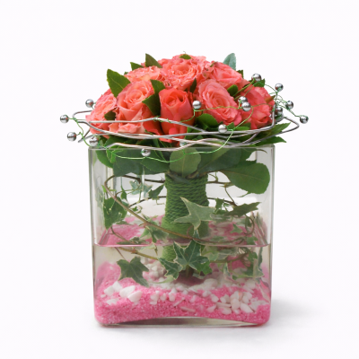 Pink Roses Arrangement in Glass Vase