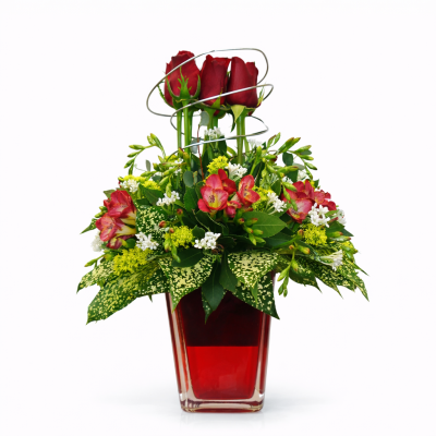 Vertical Arrangement with Red Roses & Alstroemeria