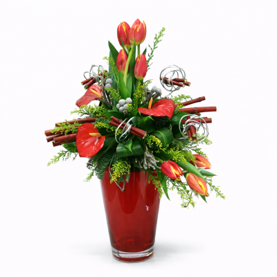 Artistic Vertical Arrangement with Tulips & Anthuriums