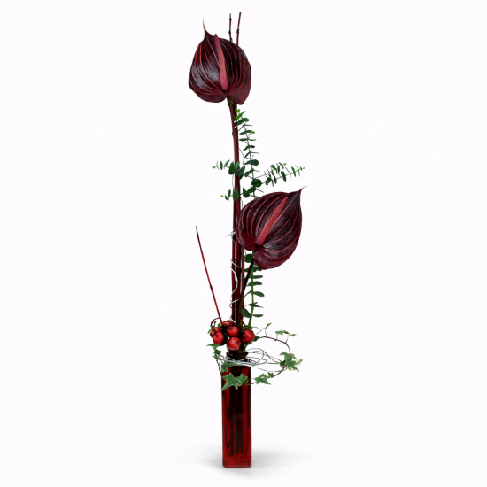 Minimal κατακόρυφη σύνθεση με κόκκινα ανθούρια σε στενό γυάλινο vase