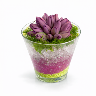 Modern Arrangement with Purple Tulips in Glass Bowl