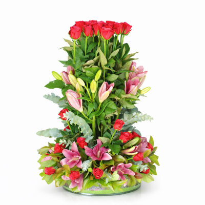 Impressive Vertical Arrangement with Roses & Lilies