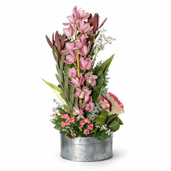 Κατακόρυφη σύνθεση με ροζ ορχιδέες Cymbidium και protea σε μεταλλικό δοχείο