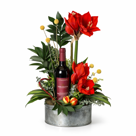 Σύνθεση με κόκκινη αμαρυλλίδα και κρασί σε μεταλλική βάση