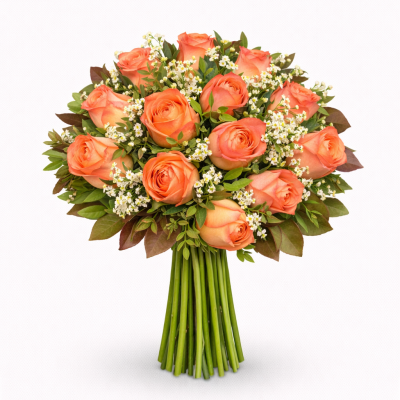 Orange Roses with Photinia Foliage Bouquet