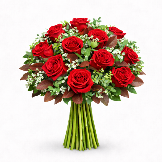 Μπουκέτο με κόκκινα τριαντάφυλλα και πρασινάδες