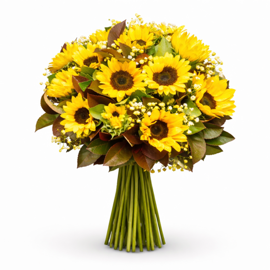 Μπουκέτο με ηλίανθους, φωτίνια και γυψοφύλλη