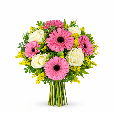 Μπουκέτο με Ροζ Ζέρμπερες & Λευκά Τριαντάφυλλα